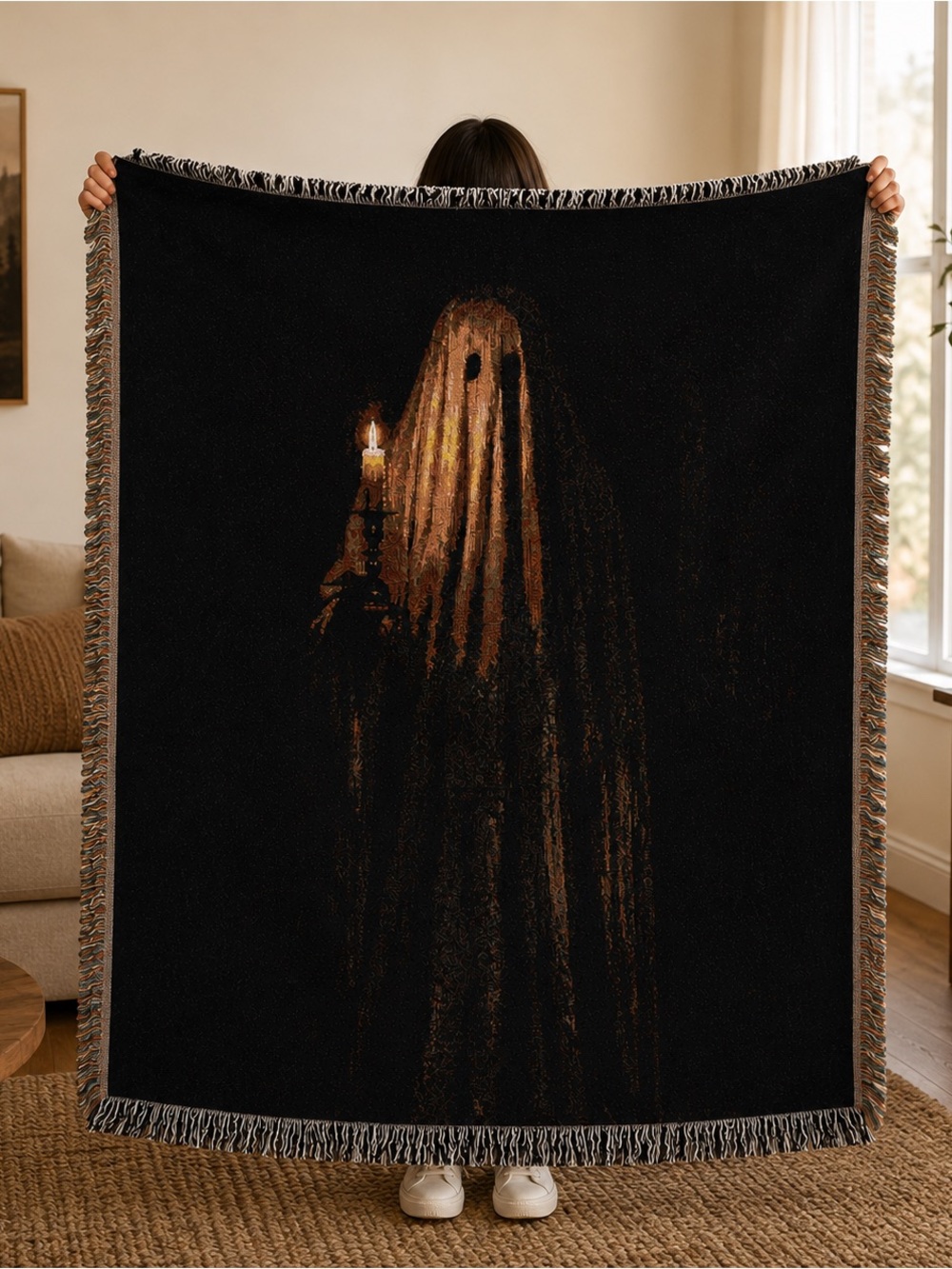 Ghost Candle Woven Throw Blanket - Black